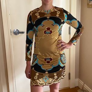 Multi-print gold and turquoise shift dress